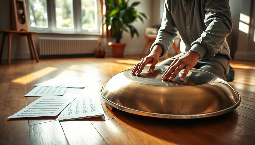 A serene indoor setting, focused on a handpan lying gracefully on a wooden floor. In the foreground, hands of a musician, wearing casual yet tidy clothing, are poised over the handpan, practicing exercises with determined concentration. In the middle, a few tablature sheets are scattered around, displaying clear, straightforward notation. The background features soft, warm lighting filtering through a large window, casting gentle shadows and creating a peaceful atmosphere. Elements like a potted plant and a comfortable chair add to the ambiance. The image conveys a sense of calmness and focus, illustrating a dedicated practice environment for mastering the handpan. A serene indoor setting, focused on a handpan lying gracefully on a wooden floor. In the foreground, hands of a musician, wearing casual yet tidy clothing, are poised over the handpan, practicing exercises with determined concentration. In the middle, a few tablature sheets are scattered around, displaying clear, straightforward notation. The background features soft, warm lighting filtering through a large window, casting gentle shadows and creating a peaceful atmosphere. Elements like a potted plant and a comfortable chair add to the ambiance. The image conveys a sense of calmness and focus, illustrating a dedicated practice environment for mastering the handpan.