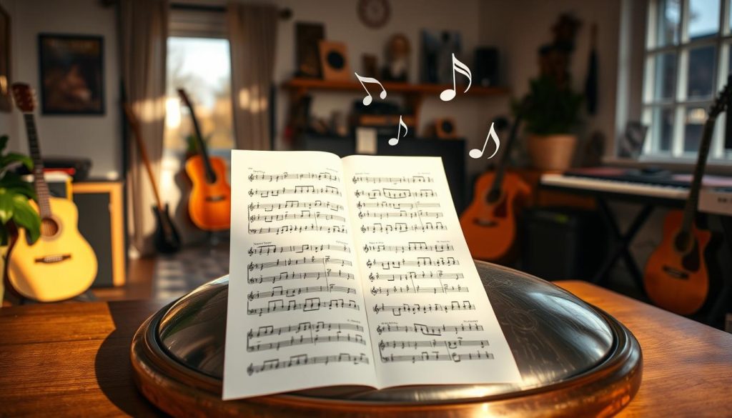 A serene workspace scene featuring a simplified musical score for handpan, emphasizing rhythm and tempo. In the foreground, focus on an open sheet of music with clearly defined notes, adapted for beginners, gently illuminated by soft overhead lighting. The middle background includes a polished handpan resting on a wooden table, reflecting warm tones, with musical notes subtly floating around it, symbolizing creativity and flow. The backdrop shows a cozy, well-organized room adorned with musical instruments, like a guitar and a keyboard, under natural light streaming through a large window. The overall atmosphere is calm and inspiring, encouraging mastery of rhythm and precision in music.
