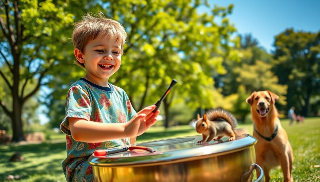 A vibrant scene depicting a cheerful child around 6 years old, joyfully playing a handpan in a sunny park. The foreground features the child, dressed in a colorful, modest t-shirt and shorts, enthusiastically striking the instrument. Their expression conveys happiness and concentration. In the middle ground, a few playful animals, like a curious squirrel and a gentle dog, observe the child, adding to the lively atmosphere. The background shows green trees and a clear blue sky, suggesting a warm, sunny day. Natural light filters through the leaves, casting soft shadows on the ground. The image captures a sense of joy, innocence, and the beauty of music in a child's life. A vibrant scene depicting a cheerful child around 6 years old, joyfully playing a handpan in a sunny park. The foreground features the child, dressed in a colorful, modest t-shirt and shorts, enthusiastically striking the instrument. Their expression conveys happiness and concentration. In the middle ground, a few playful animals, like a curious squirrel and a gentle dog, observe the child, adding to the lively atmosphere. The background shows green trees and a clear blue sky, suggesting a warm, sunny day. Natural light filters through the leaves, casting soft shadows on the ground. The image captures a sense of joy, innocence, and the beauty of music in a child's life.