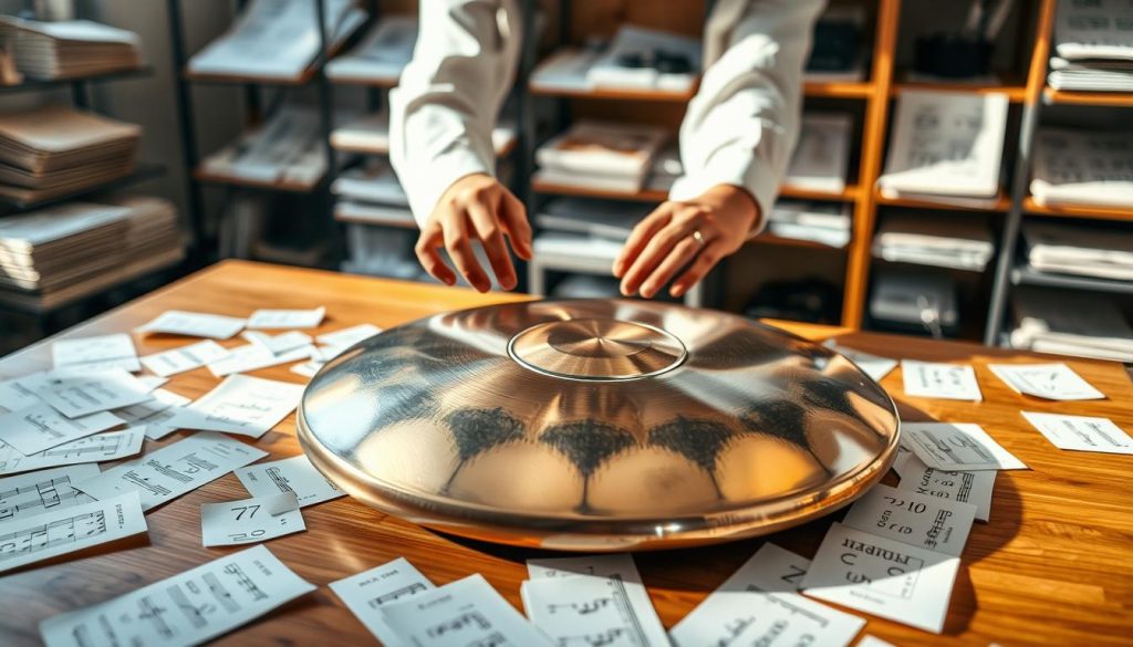 A visually engaging composition featuring a handpan in the foreground, delicately arranged on a wooden table. The handpan is intricately designed with metallic hues reflecting soft sunlight. Surrounding the handpan, scattered musical notes and symbols correspond to various numerical translations that suggest a unique scale, creating a harmonious blend of art and mathematics. The middle ground displays a musician's hands, professionally attired, as they gently touch the handpan, focusing on their arrangement process. In the background, softly blurred, are shelves filled with music sheets and handpan accessories, contributing to a warm, inviting atmosphere. The scene is illuminated by natural light, highlighting the textures of the handpan while casting soft shadows, evoking a sense of creativity and inspiration. A visually engaging composition featuring a handpan in the foreground, delicately arranged on a wooden table. The handpan is intricately designed with metallic hues reflecting soft sunlight. Surrounding the handpan, scattered musical notes and symbols correspond to various numerical translations that suggest a unique scale, creating a harmonious blend of art and mathematics. The middle ground displays a musician's hands, professionally attired, as they gently touch the handpan, focusing on their arrangement process. In the background, softly blurred, are shelves filled with music sheets and handpan accessories, contributing to a warm, inviting atmosphere. The scene is illuminated by natural light, highlighting the textures of the handpan while casting soft shadows, evoking a sense of creativity and inspiration.