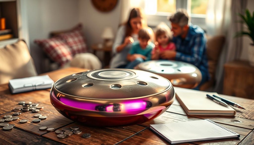 A visually engaging handpan displayed prominently in the foreground, showcasing its smooth, rounded contours and vibrant metallic colors. The handpan is set on a rustic wooden table adorned with scattered coins and a notepad, implying a budgeting theme. In the middle background, a blurred image of a family enjoying music, with children interacting joyfully around another handpan, emphasizes its child-friendly appeal. Soft, natural lighting filters through a nearby window, casting gentle shadows and creating an inviting atmosphere. The overall mood is warm and educational, with a focus on family bonding through music, evoking thoughts of affordability and quality in a serene, homey environment. The scene is captured from a slightly elevated angle, enhancing the depth and inviting allure of the handpan as the focal point. A visually engaging handpan displayed prominently in the foreground, showcasing its smooth, rounded contours and vibrant metallic colors. The handpan is set on a rustic wooden table adorned with scattered coins and a notepad, implying a budgeting theme. In the middle background, a blurred image of a family enjoying music, with children interacting joyfully around another handpan, emphasizes its child-friendly appeal. Soft, natural lighting filters through a nearby window, casting gentle shadows and creating an inviting atmosphere. The overall mood is warm and educational, with a focus on family bonding through music, evoking thoughts of affordability and quality in a serene, homey environment. The scene is captured from a slightly elevated angle, enhancing the depth and inviting allure of the handpan as the focal point.